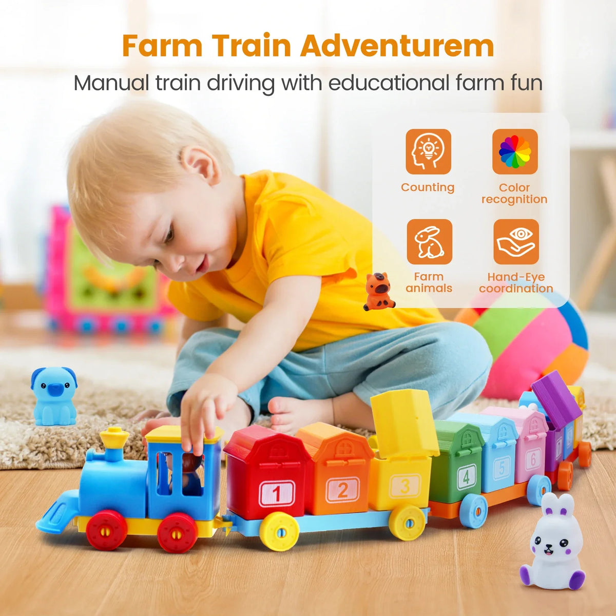 Montessori Farm Train Set for Toddlers Counting & Sorting Toy