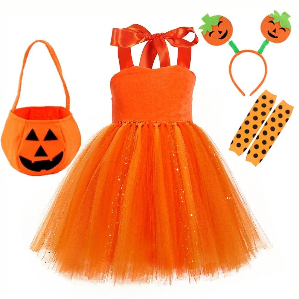 Arrival Girls’ Halloween Pumpkin Pattern Dress – Princess Cosplay Costume Set Party, and Stage Performance, MyKids-USA®, Costume Dresses, MyKids-USA - Size/Age - S (1-2Y) - Color - Orange -  -  - TR2508202028-E.
