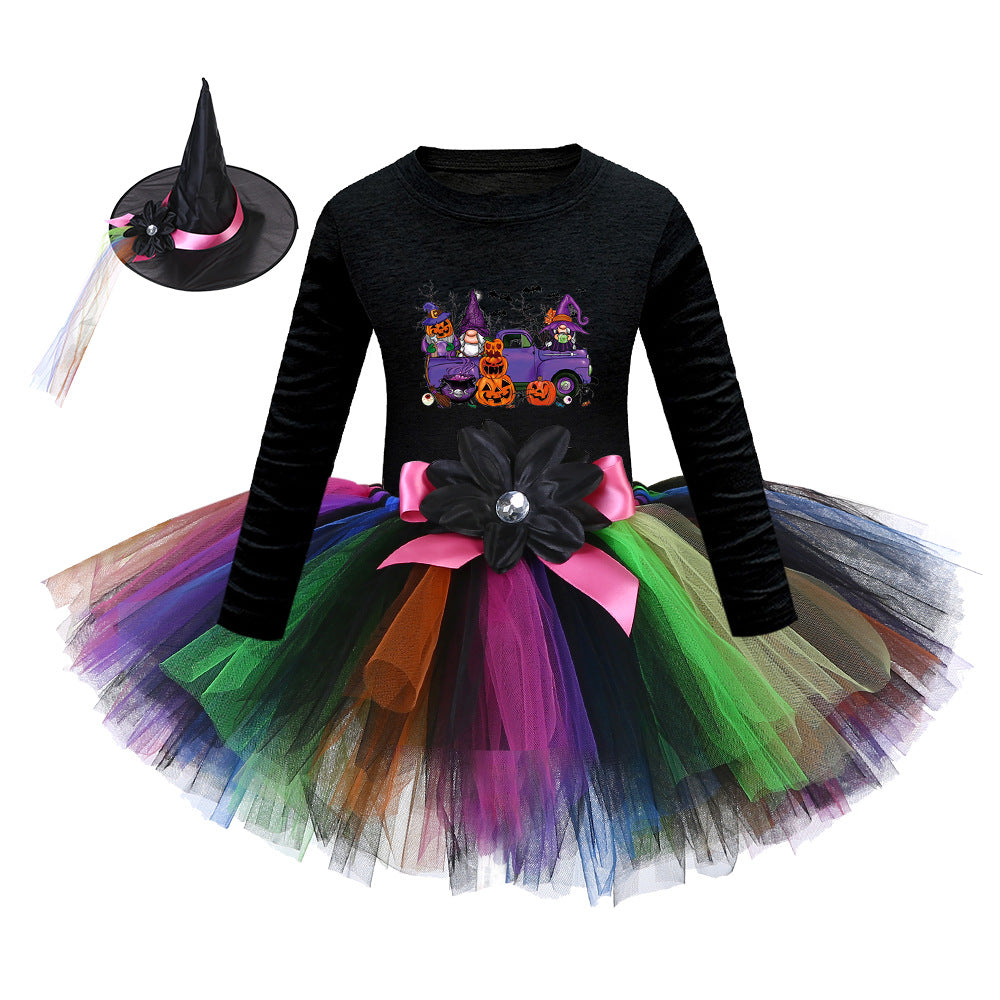 Arrival Girls’ Halloween Costume: Long Sleeves Cartoon Printed Witches Cosplay Party Tulle Patchwork Dress with Hat Set, MyKids-USA®, Costume Dresses, MyKids-USA - Size/Age - S (1-3Y) - Color - Beige -  -  - TR2409091008-B.